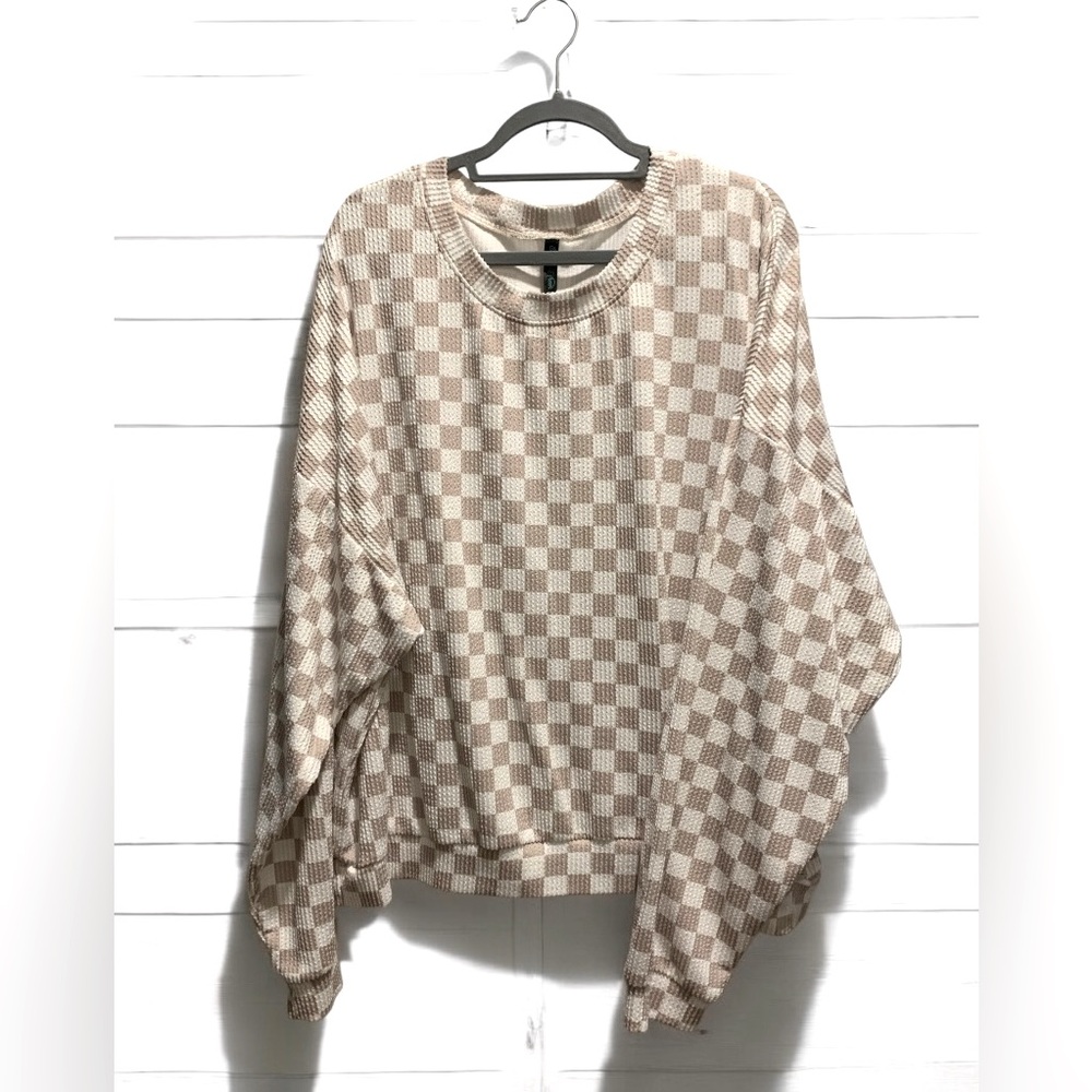 Tan Checkered Long Sleeve Top
